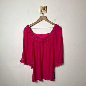 Brand New I.N. Studio Pink 3/4 Sleeve Lace Trim Square Neck Blouse size M NWT
